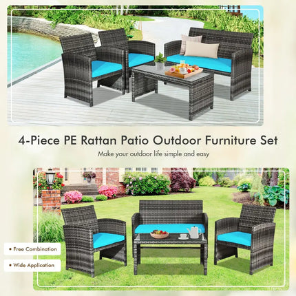 4 Pieces Patio Rattan Furniture Set with Cushions-Turquoise - Turquoise - Patio Furniture Sets