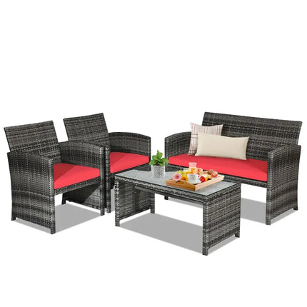 4 Pieces Patio Rattan Furniture Set with CushionsRed - Red - Patio Furniture Sets