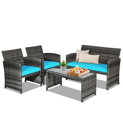 4 Pieces Patio Rattan Furniture Set with CushionsTurquoise - Oasis Home Essentials