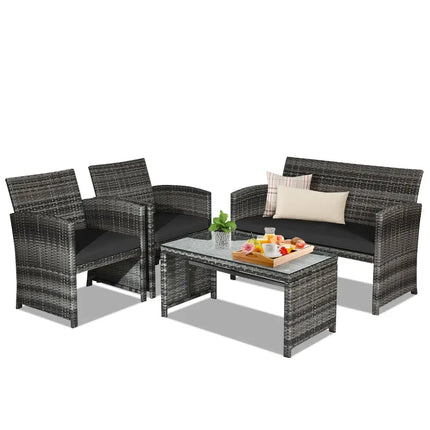 4 Pieces Patio Rattan Furniture Set with Glass Table and LoveseatBlack - Black - Patio Furniture Sets