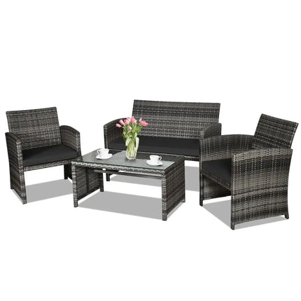 4 Pieces Patio Rattan Furniture Set with Glass Table and Loveseat-Black - Black - Patio Furniture Sets