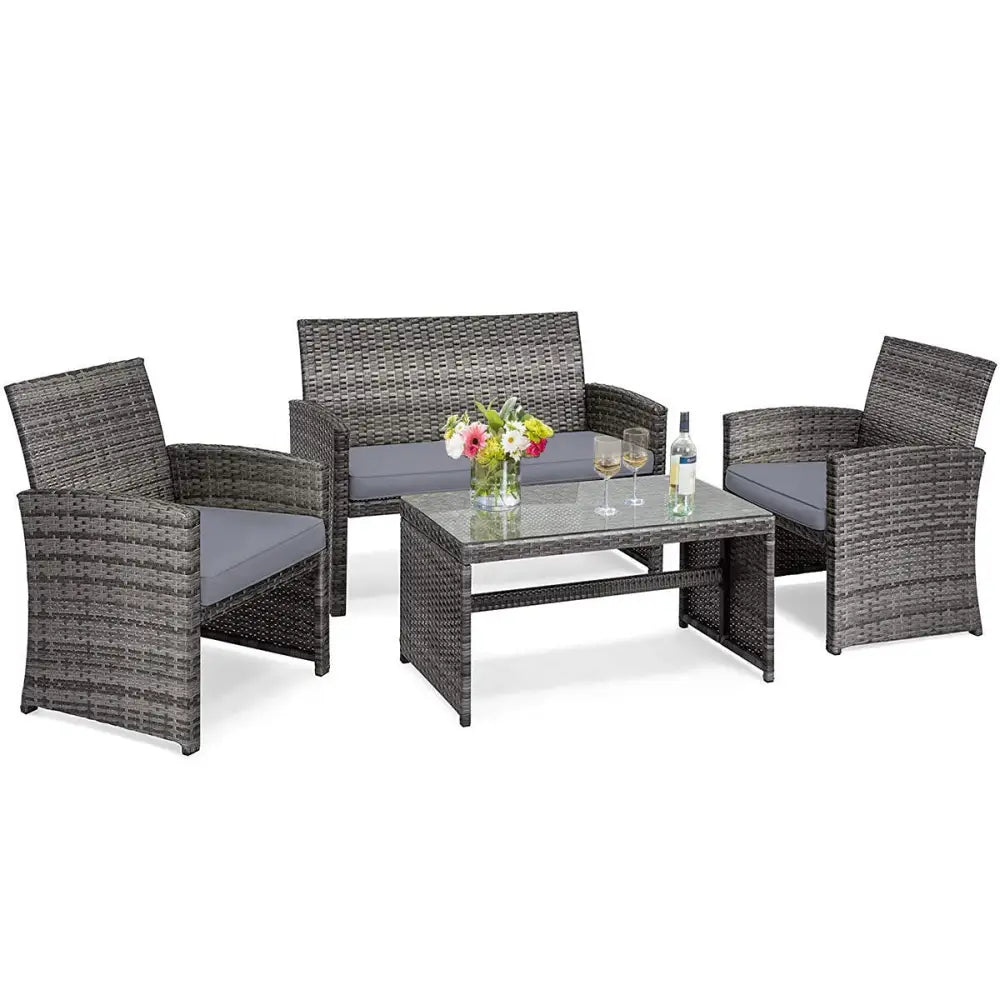 4 Pieces Patio Rattan Furniture Set with Glass Table and Loveseat-Gray - Gray - Patio Furniture Sets