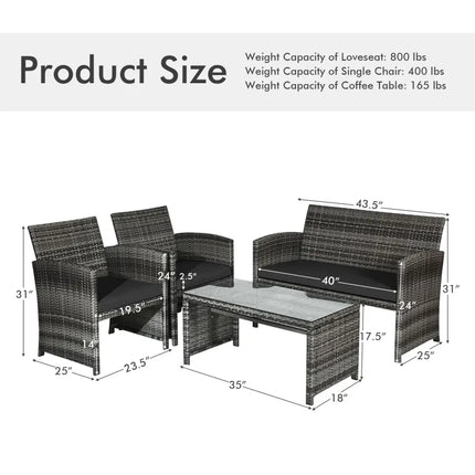 4 Pieces Patio Rattan Furniture Set with Glass Table and Loveseat-Black - Black - Patio Furniture Sets