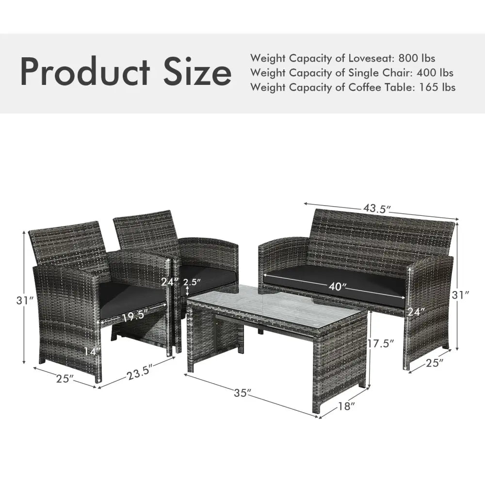 4 Pieces Patio Rattan Furniture Set with Glass Table and Loveseat-Black - Black - Patio Furniture Sets
