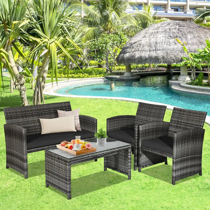 4 Pieces Patio Rattan Furniture Set with Glass Table and Loveseat-Black - Black - Patio Furniture Sets