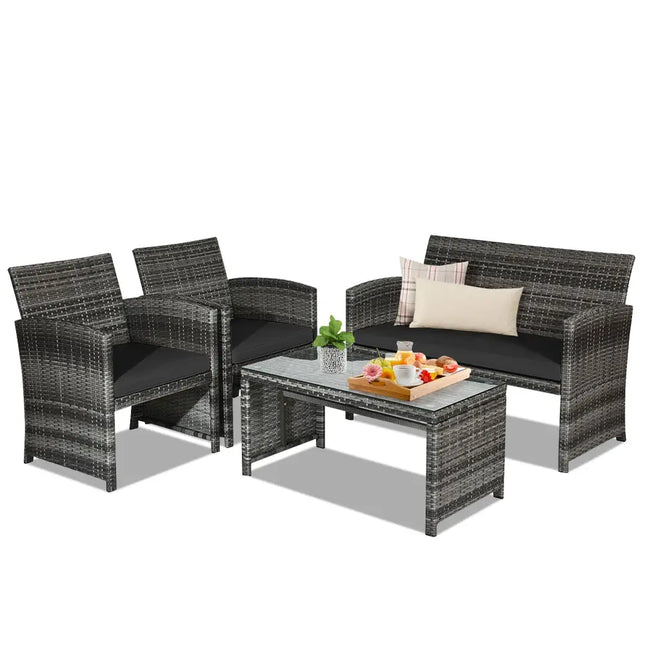 4 Pieces Patio Rattan Furniture Set with Glass Table and Loveseat-Black - Black - Patio Furniture Sets