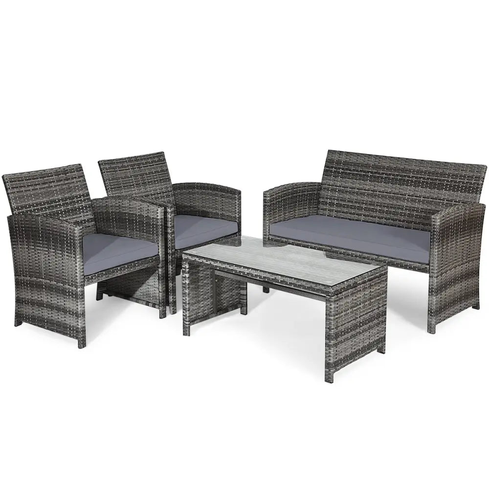 4 Pieces Patio Rattan Furniture Set with Glass Table and Loveseat-Gray - Gray - Patio Furniture Sets