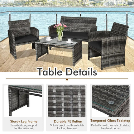 4 Pieces Patio Rattan Furniture Set with Glass Table and Loveseat-Black - Black - Patio Furniture Sets