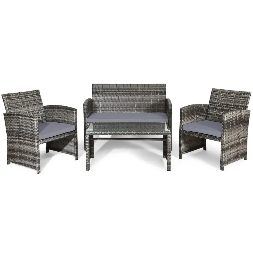 4 Pieces Patio Rattan Furniture Set with Glass Table and Loveseat-Gray - Gray - Patio Furniture Sets