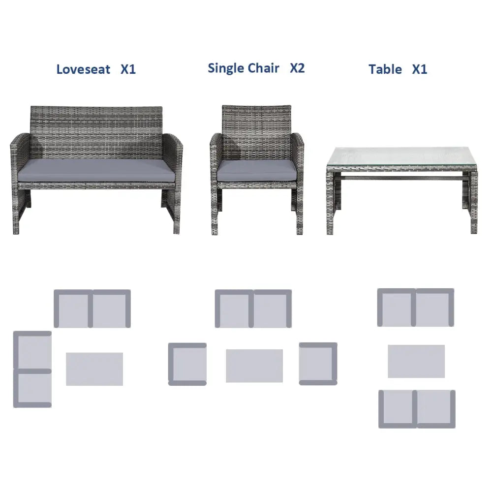 4 Pieces Patio Rattan Furniture Set with Glass Table and Loveseat-Gray - Gray - Patio Furniture Sets
