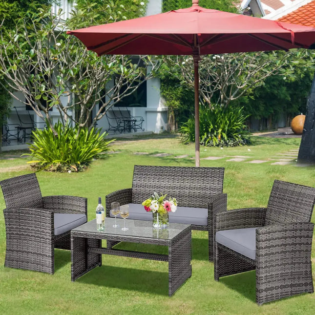 4 Pieces Patio Rattan Furniture Set with Glass Table and Loveseat-Gray - Gray - Patio Furniture Sets