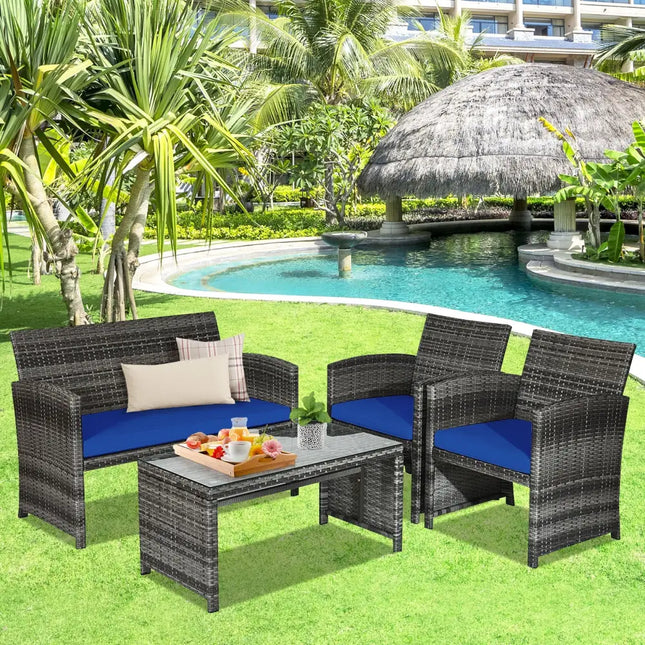 4 Pieces Patio Rattan Furniture Set with Glass Table and Loveseat-Navy - Navy - Patio Furniture Sets