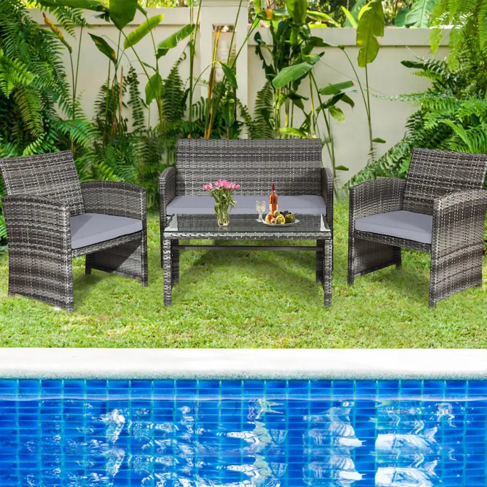 4 Pieces Patio Rattan Furniture Set with Glass Table and Loveseat-Gray - Gray - Patio Furniture Sets