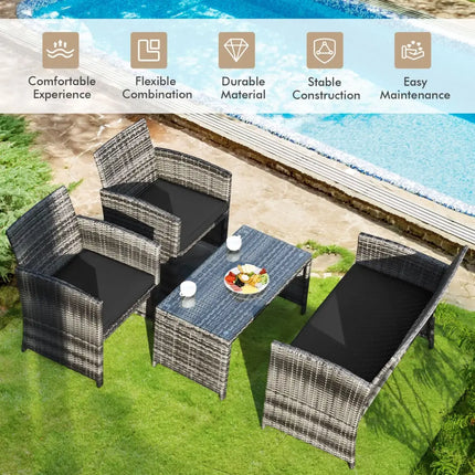 4 Pieces Patio Rattan Furniture Set with Glass Table and Loveseat-Black - Black - Patio Furniture Sets
