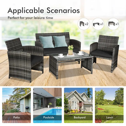 4 Pieces Patio Rattan Furniture Set with Glass Table and Loveseat-Black - Black - Patio Furniture Sets