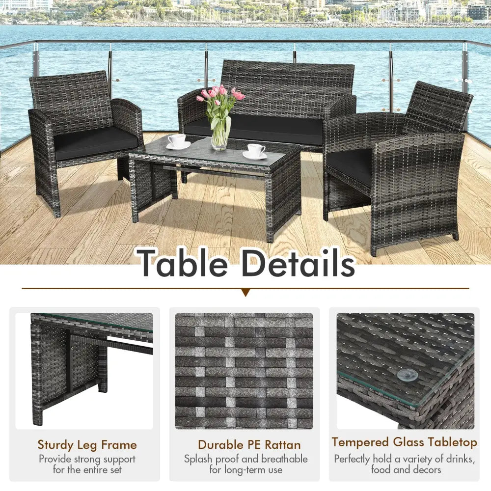 4 Pieces Patio Rattan Furniture Set with Glass Table and Loveseat-Black - Black - Patio Furniture Sets