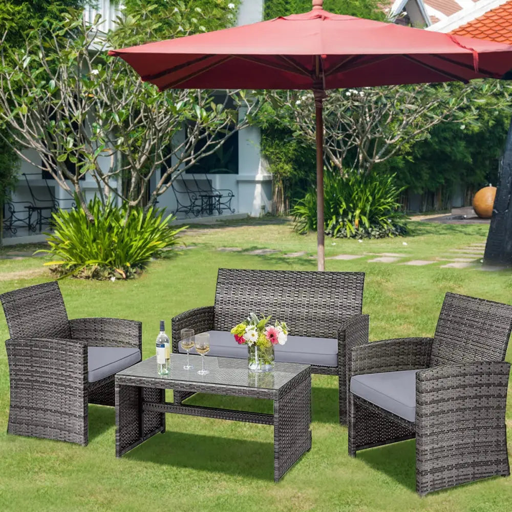 4 Pieces Patio Rattan Furniture Set with Glass Table and Loveseat-Gray - Gray - Patio Furniture Sets