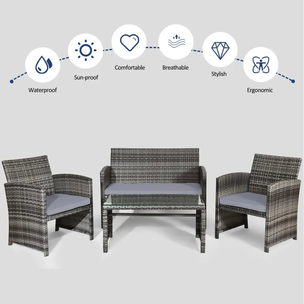 4 Pieces Patio Rattan Furniture Set with Glass Table and Loveseat-Gray - Gray - Patio Furniture Sets