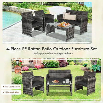 4 Pieces Patio Rattan Furniture Set with Glass Table and Loveseat-Black - Black - Patio Furniture Sets