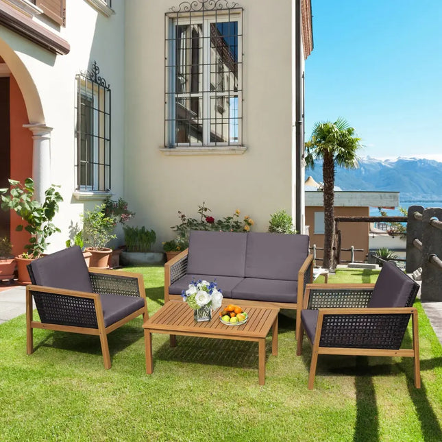 4 Pieces Patio Rattan Furniture Set with Removable Cushions-Gray - Gray - Patio Conversation Sets