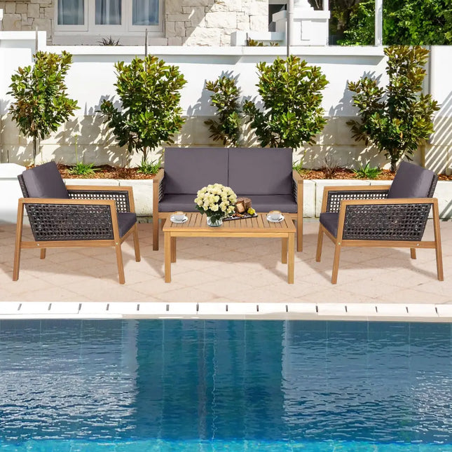 4 Pieces Patio Rattan Furniture Set with Removable Cushions-Gray - Gray - Patio Conversation Sets