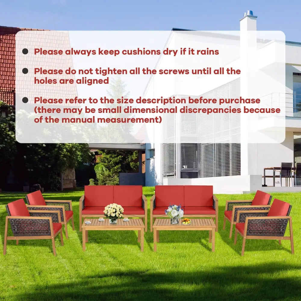 4 Pieces Patio Rattan Furniture Set with Removable Cushions-Red - Red - Patio Conversation Sets