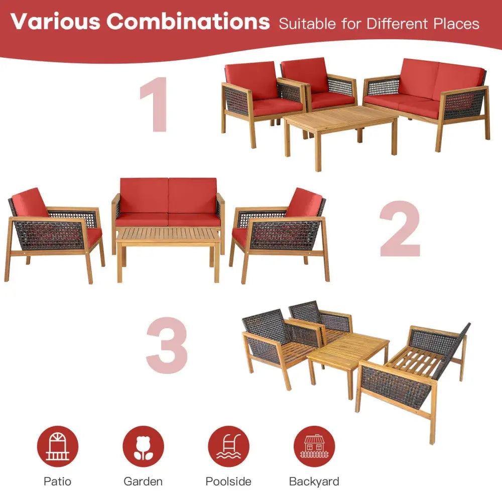 4 Pieces Patio Rattan Furniture Set with Removable Cushions-Red - Red - Patio Conversation Sets