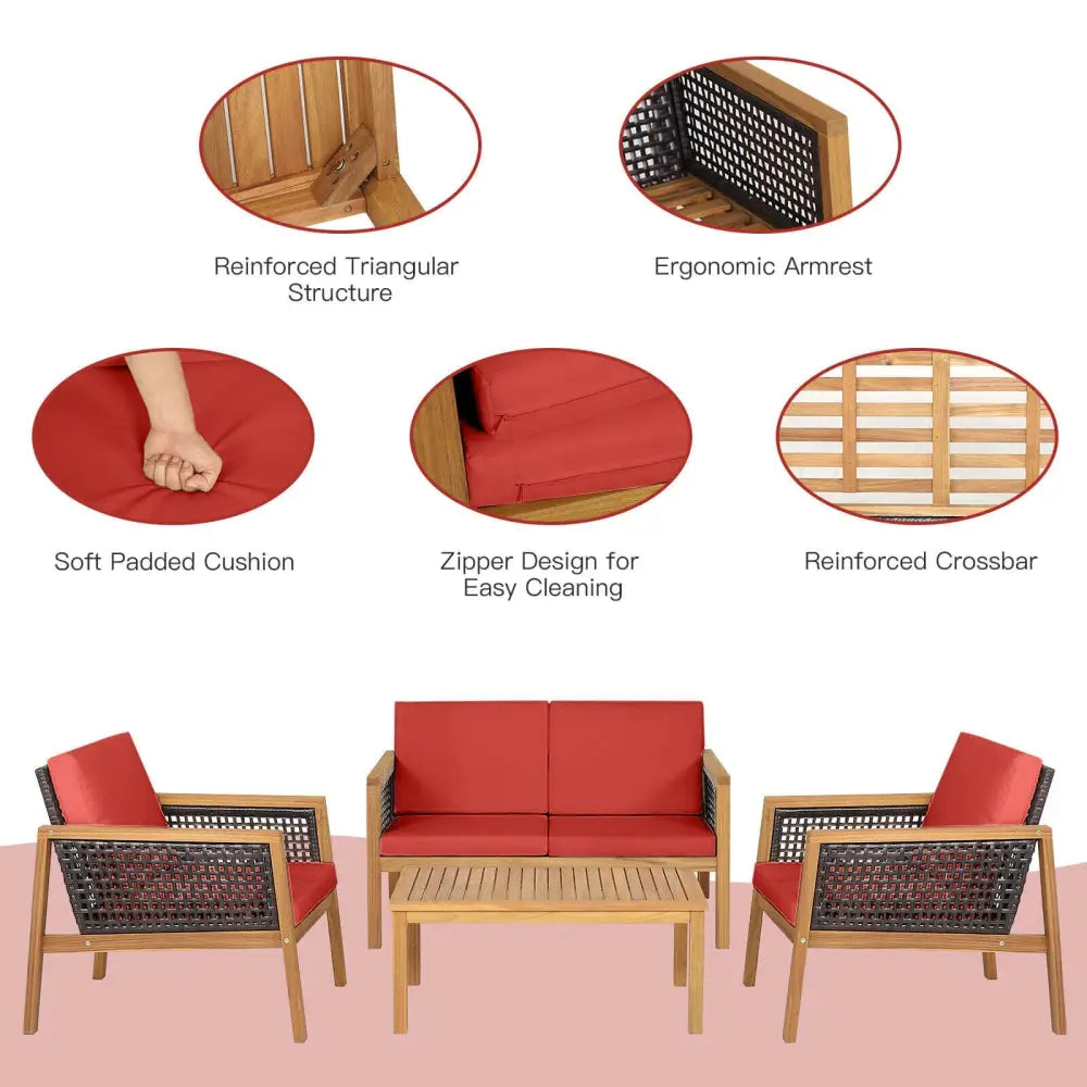 4 Pieces Patio Rattan Furniture Set with Removable Cushions-Red - Red - Patio Conversation Sets