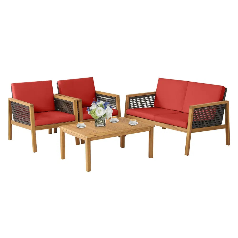 4 Pieces Patio Rattan Furniture Set with Removable Cushions-Red - Red - Patio Conversation Sets