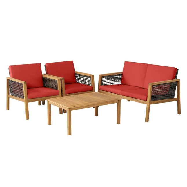 4 Pieces Patio Rattan Furniture Set with Removable Cushions-Red - Red - Patio Conversation Sets