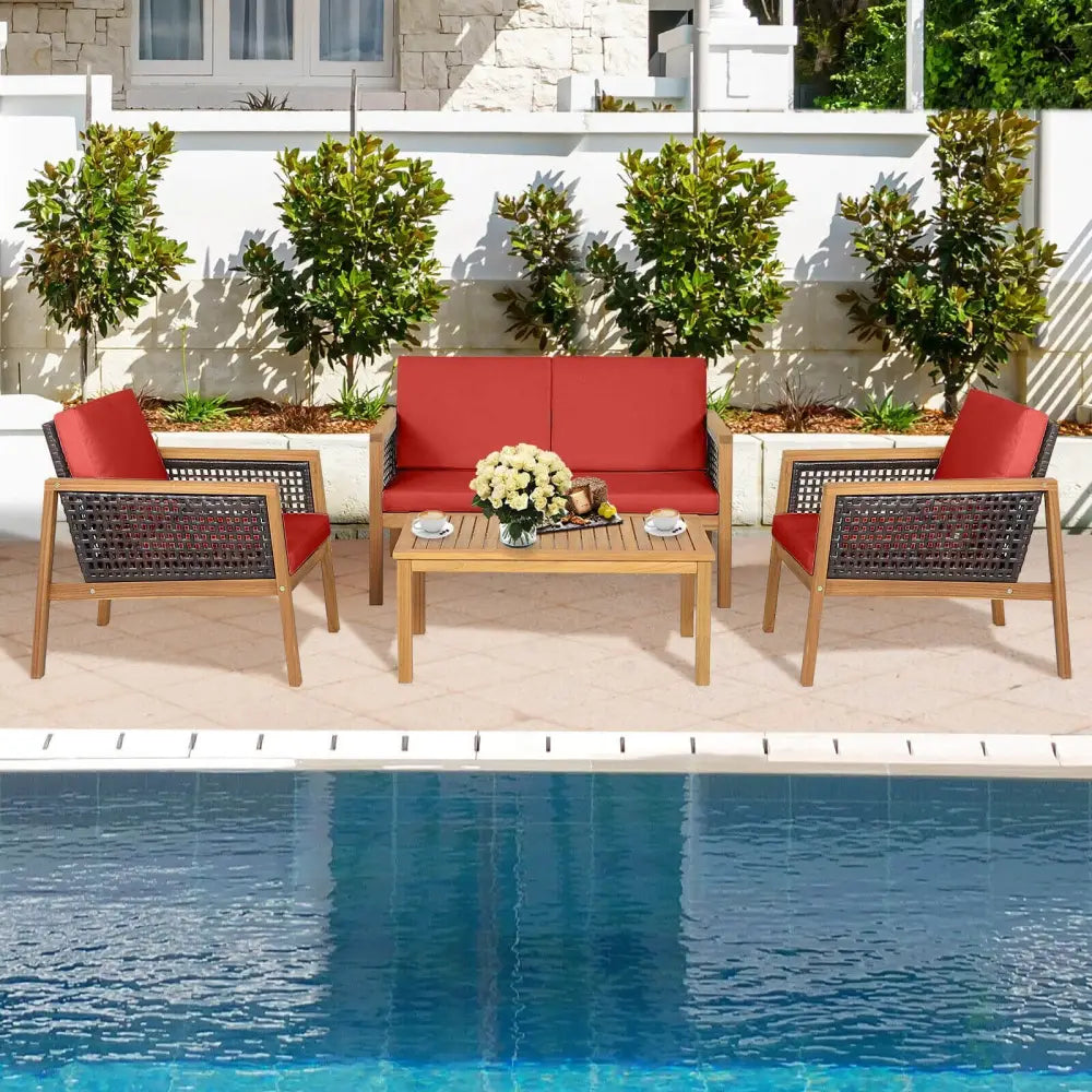 4 Pieces Patio Rattan Furniture Set with Removable Cushions-Red - Red - Patio Conversation Sets