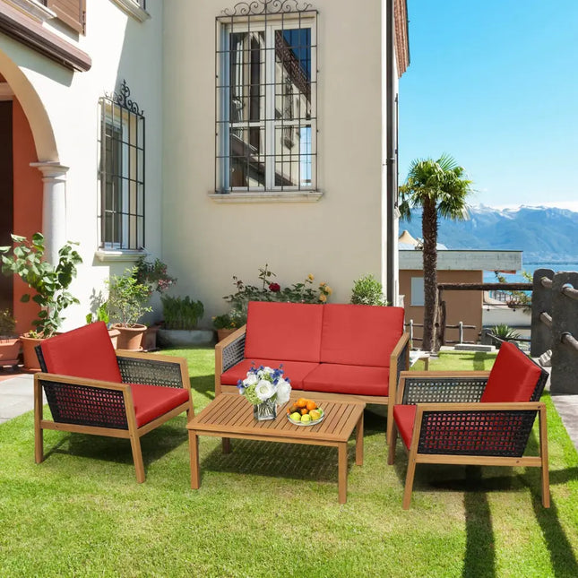 4 Pieces Patio Rattan Furniture Set with Removable Cushions-Red - Red - Patio Conversation Sets