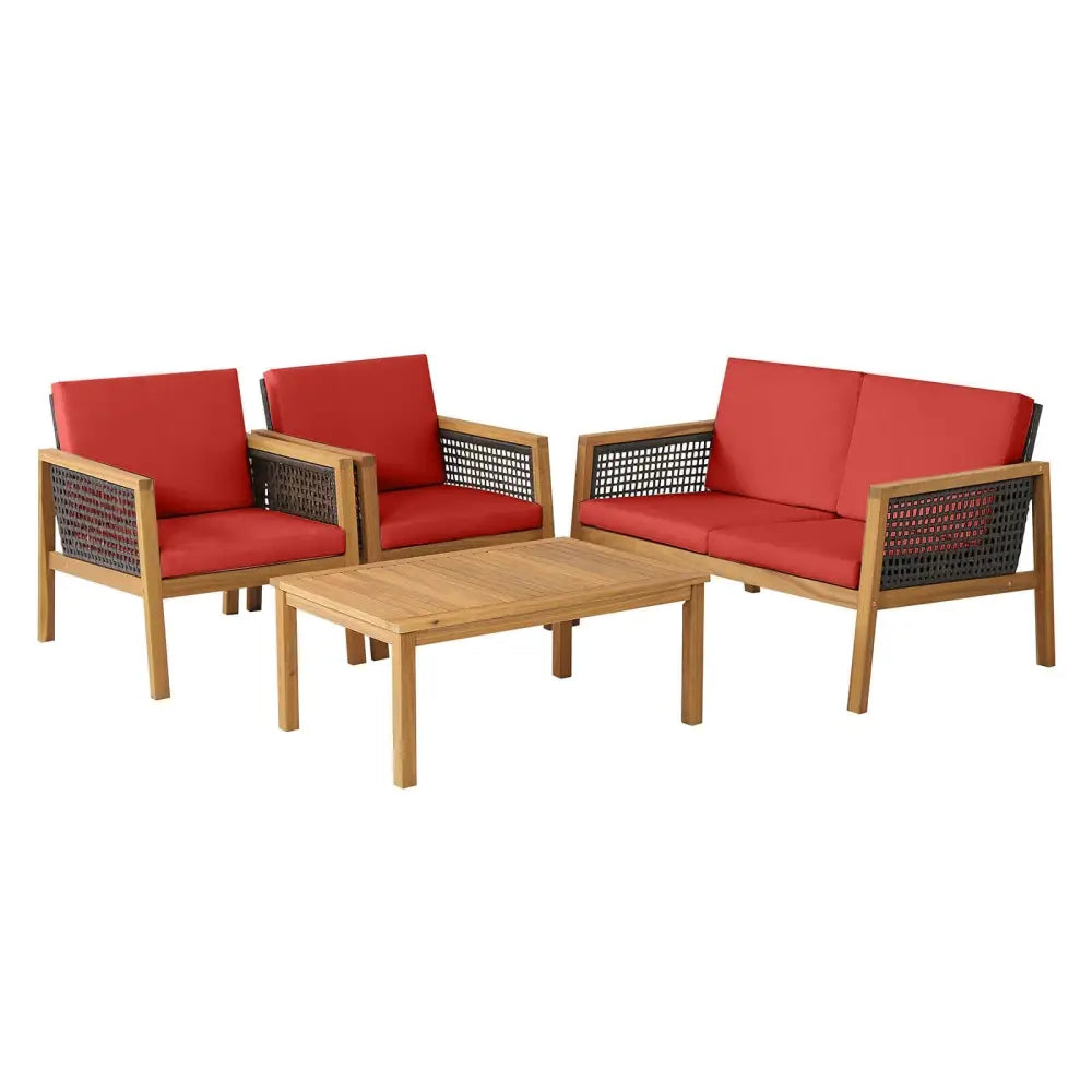 4 Pieces Patio Rattan Furniture Set with Removable Cushions-Red - Red - Patio Conversation Sets