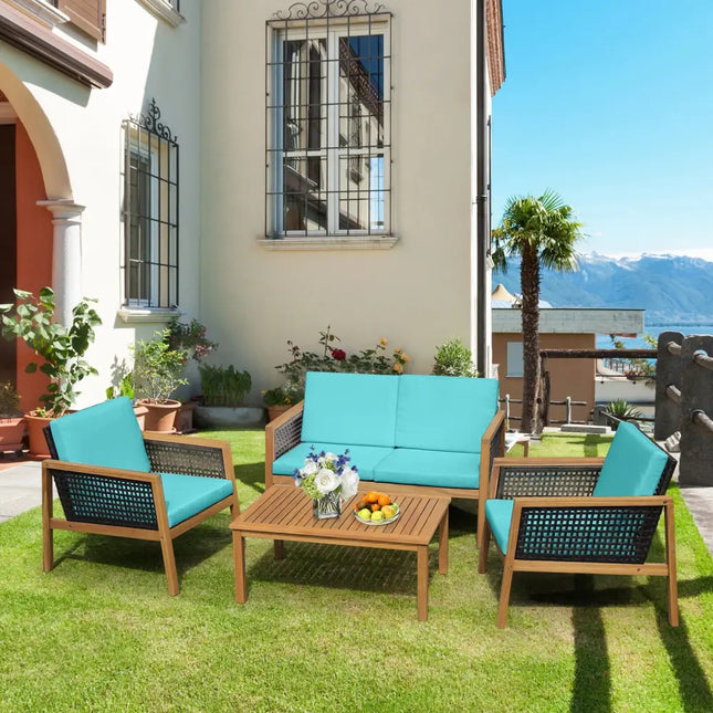 4 Pieces Patio Rattan Furniture Set with Removable Cushions-Turquoise - Turquoise - Patio Conversation Sets