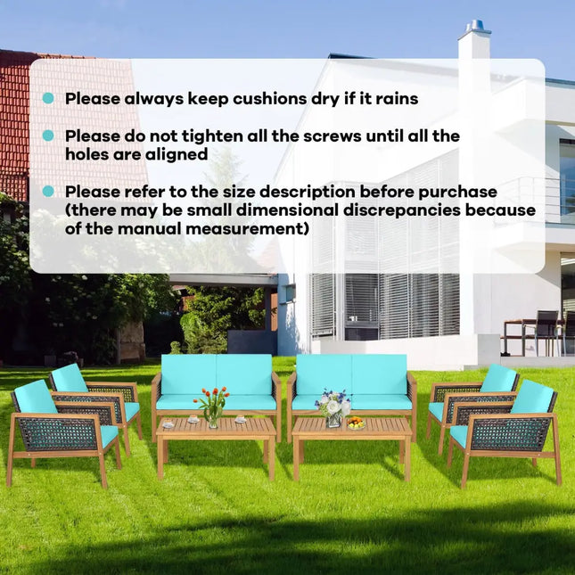 4 Pieces Patio Rattan Furniture Set with Removable Cushions-Turquoise - Turquoise - Patio Conversation Sets