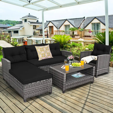 4 Pieces Patio Rattan Sofa Furniture Set with Cushion and 2-Tier Coffee Table-Black - Black - Outdoor Sectionals