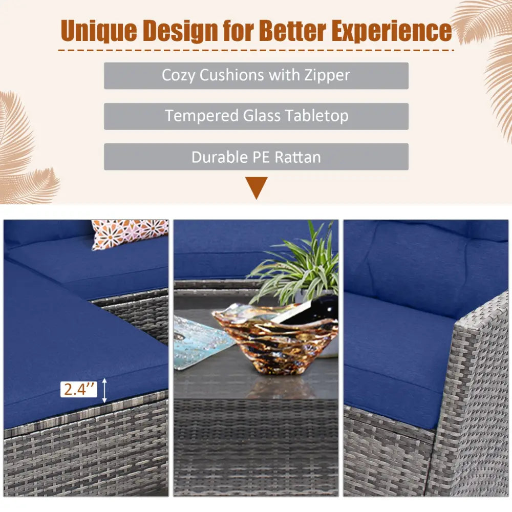 4 Pieces Patio Rattan Sofa Furniture Set with Cushion and 2-Tier Coffee Table-Navy - Navy - Outdoor Sectionals