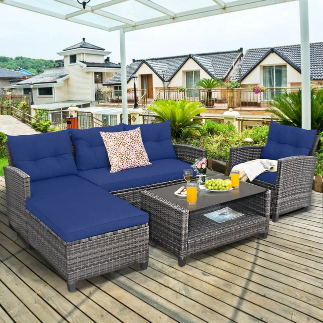 4 Pieces Patio Rattan Sofa Furniture Set with Cushion and 2-Tier Coffee Table-Navy - Navy - Outdoor Sectionals
