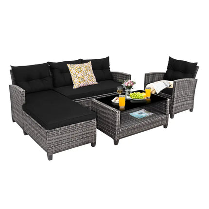 4 Pieces Patio Rattan Sofa Furniture Set with Cushion and 2-Tier Coffee Table-Black - Black - Outdoor Sectionals