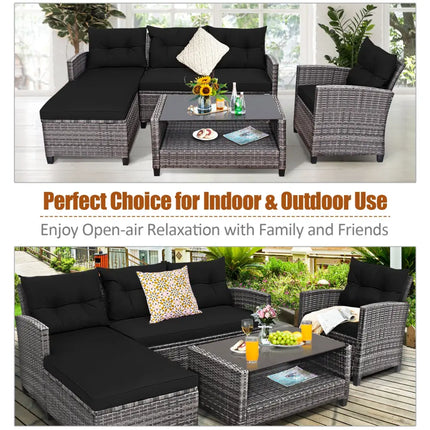 4 Pieces Patio Rattan Sofa Furniture Set with Cushion and 2-Tier Coffee Table-Black - Black - Outdoor Sectionals