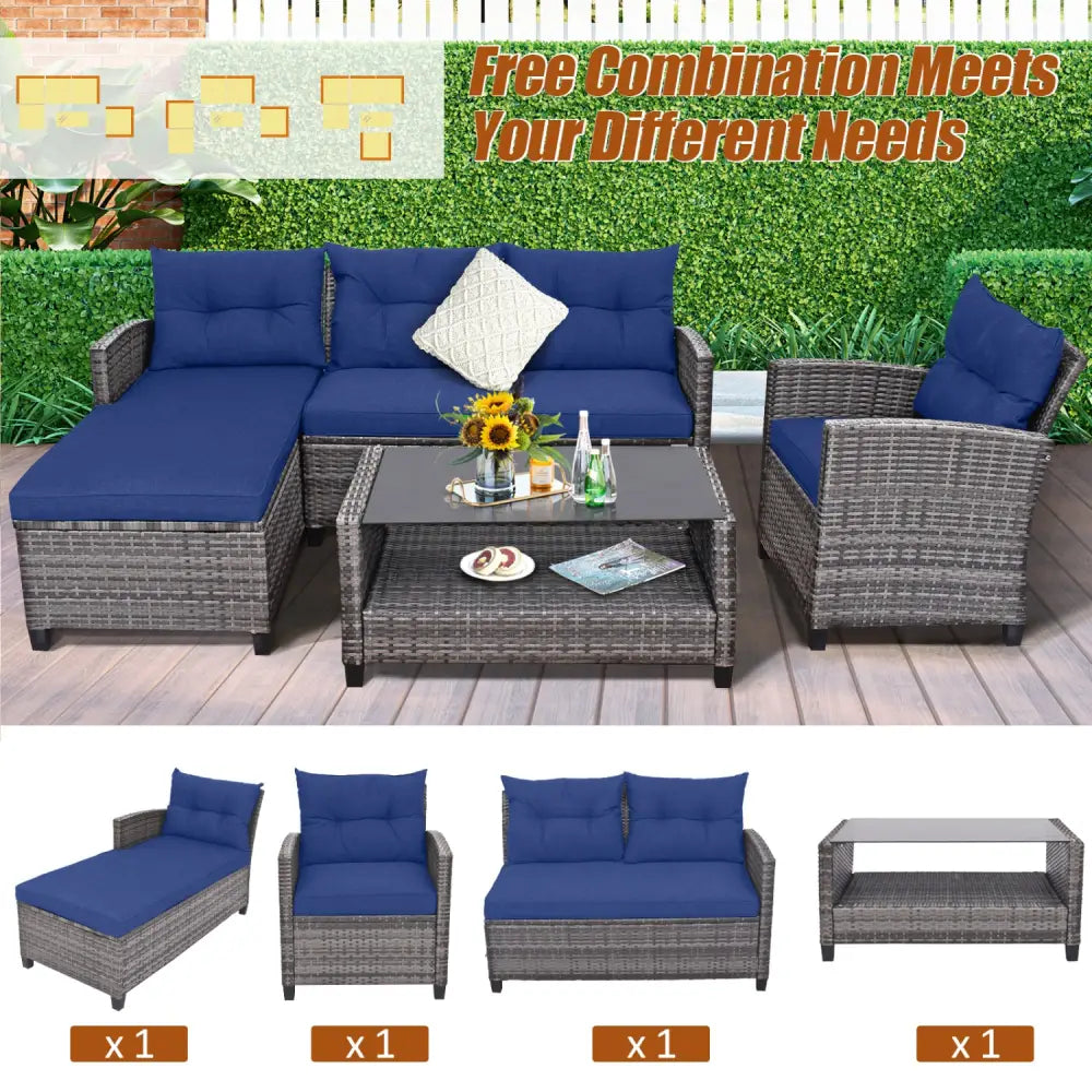 4 Pieces Patio Rattan Sofa Furniture Set with Cushion and 2-Tier Coffee Table-Navy - Navy - Outdoor Sectionals