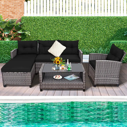 4 Pieces Patio Rattan Sofa Furniture Set with Cushion and 2-Tier Coffee Table-Black - Black - Outdoor Sectionals