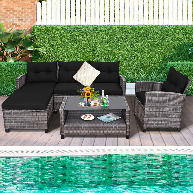 4 Pieces Patio Rattan Sofa Furniture Set with Cushion and 2-Tier Coffee Table-Black - Black - Outdoor Sectionals