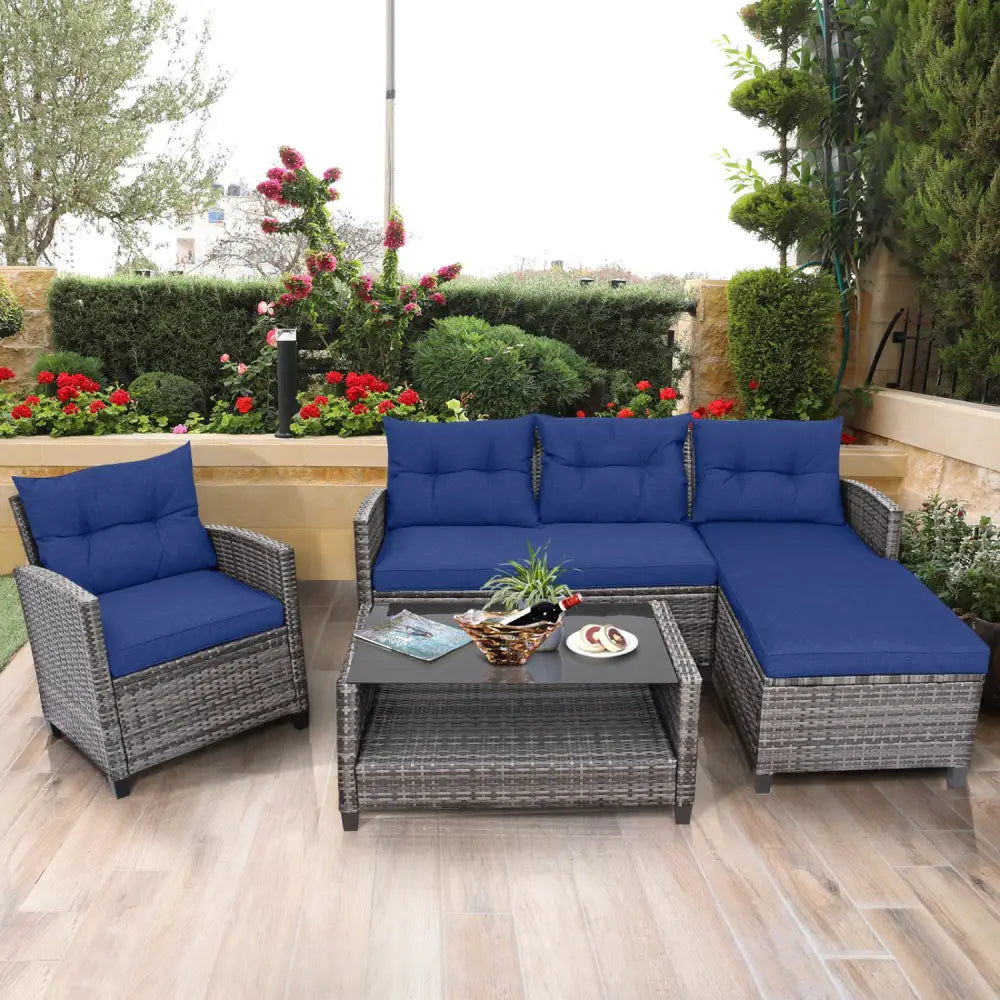 4 Pieces Patio Rattan Sofa Furniture Set with Cushion and 2-Tier Coffee Table-Navy - Navy - Outdoor Sectionals