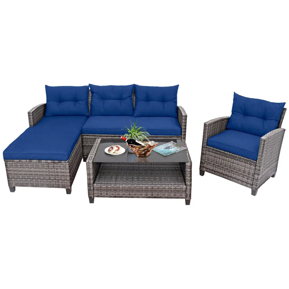 4 Pieces Patio Rattan Sofa Furniture Set with Cushion and 2-Tier Coffee Table-Navy - Navy - Outdoor Sectionals