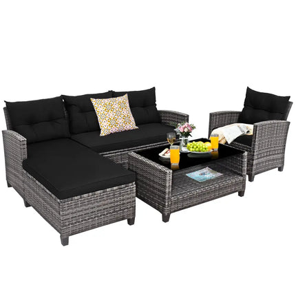 4 Pieces Patio Rattan Sofa Furniture Set with Cushion and 2-Tier Coffee Table-Black - Black - Outdoor Sectionals