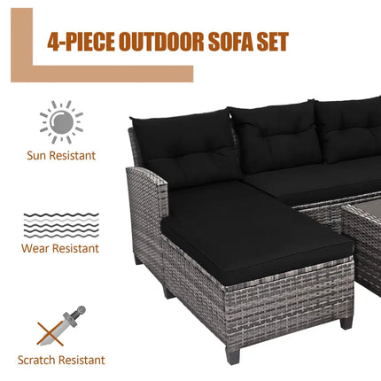 4 Pieces Patio Rattan Sofa Furniture Set with Cushion and 2-Tier Coffee Table-Black - Black - Outdoor Sectionals