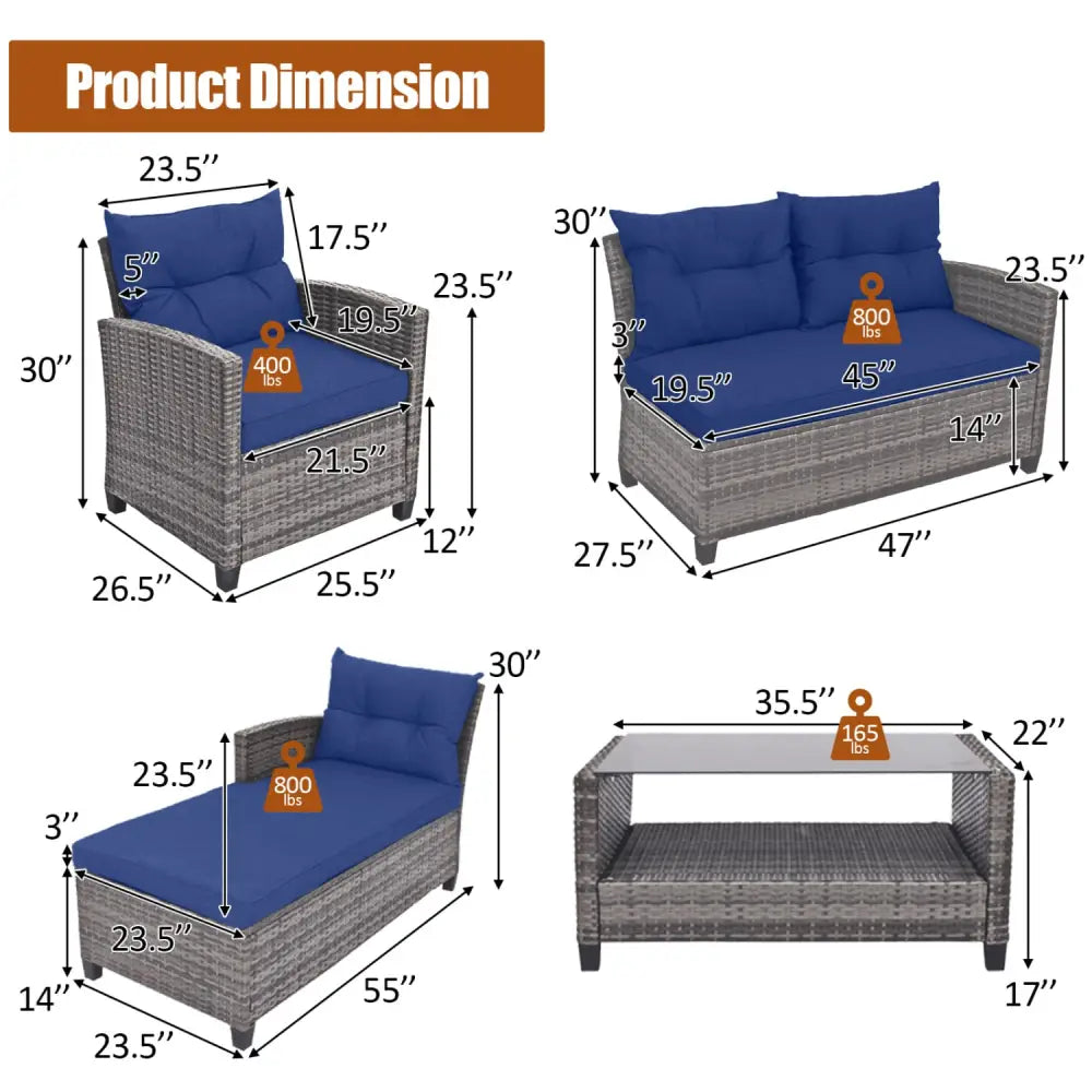 4 Pieces Patio Rattan Sofa Furniture Set with Cushion and 2-Tier Coffee Table-Navy - Navy - Outdoor Sectionals