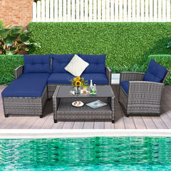 4 Pieces Patio Rattan Sofa Furniture Set with Cushion and 2-Tier Coffee Table-Navy - Navy - Outdoor Sectionals