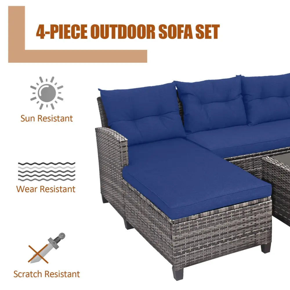 4 Pieces Patio Rattan Sofa Furniture Set with Cushion and 2-Tier Coffee Table-Navy - Navy - Outdoor Sectionals